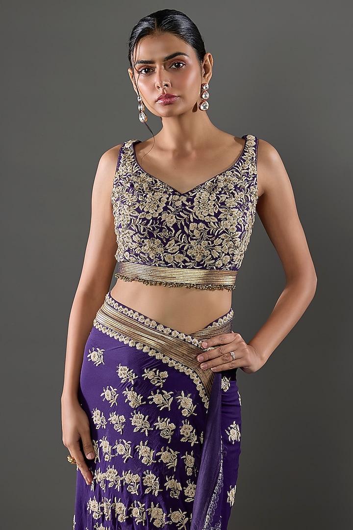 Purple Chiffon Sequins Embroidered Bridal Saree Set by Nakul Sen at Pernia's Pop Up Shop