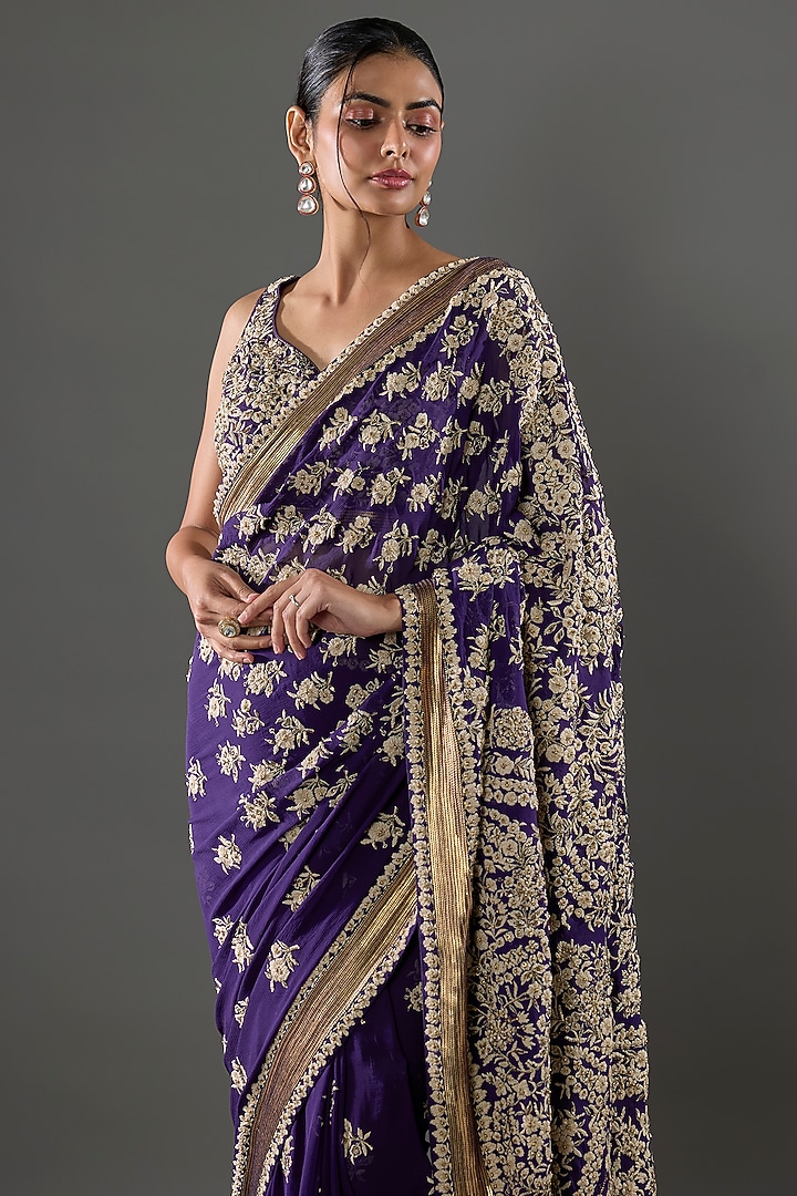 Purple Chiffon Sequins Embroidered Bridal Saree Set by Nakul Sen at Pernia's Pop Up Shop