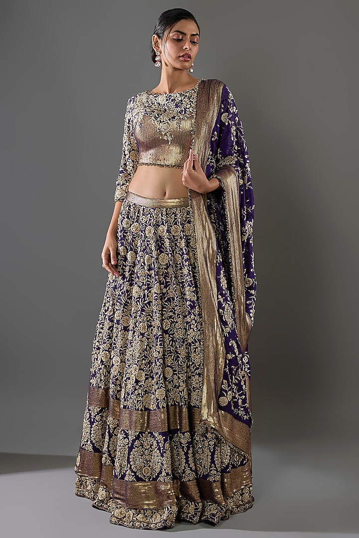 Purple Chiffon Sequins Embroidered Bridal Lehenga Set by Nakul Sen at Pernia's Pop Up Shop