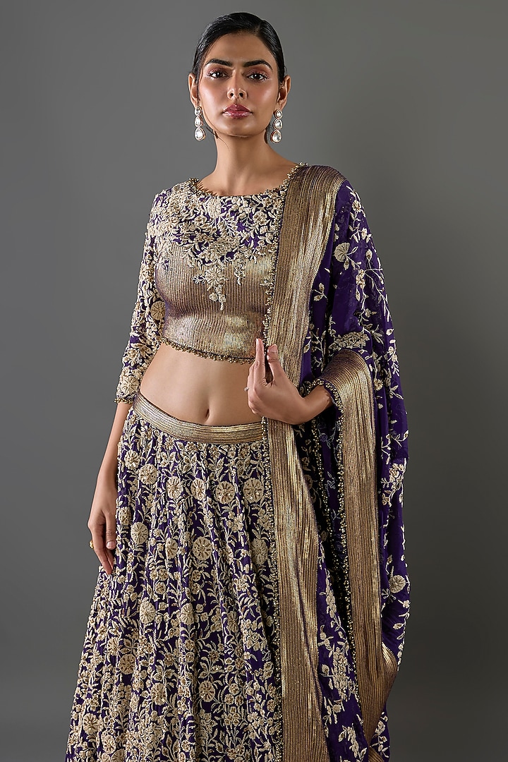 Purple Chiffon Sequins Embroidered Bridal Lehenga Set by Nakul Sen at Pernia's Pop Up Shop