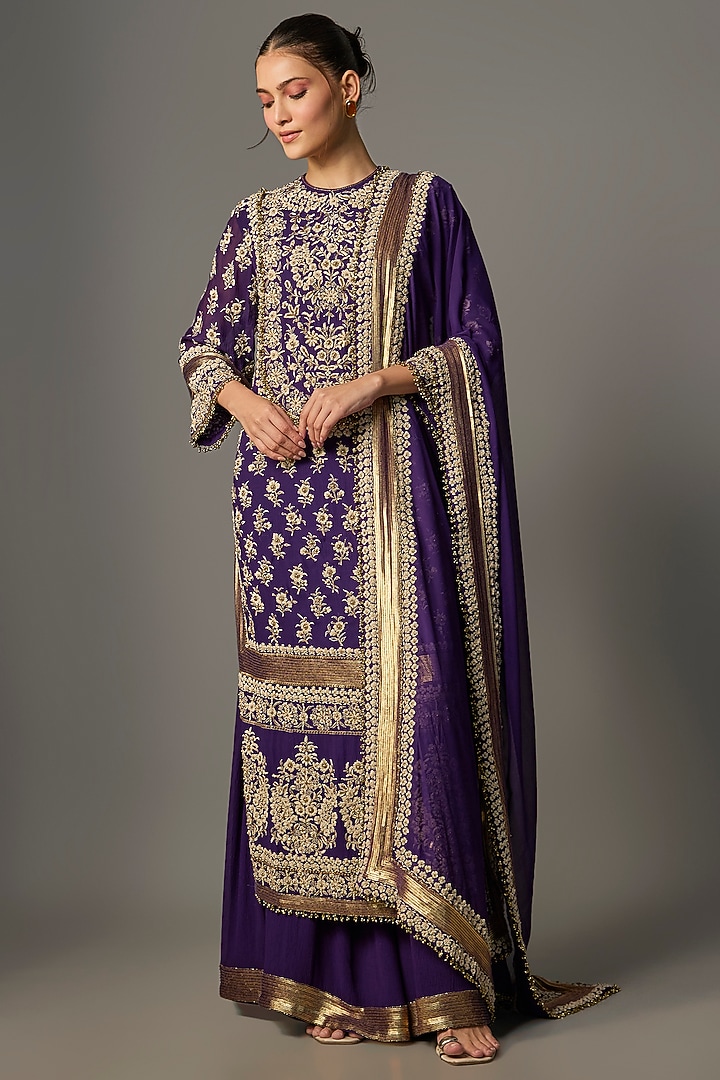 Purple Chiffon Thread Embroidered Kurta Set by Nakul Sen at Pernia's Pop Up Shop