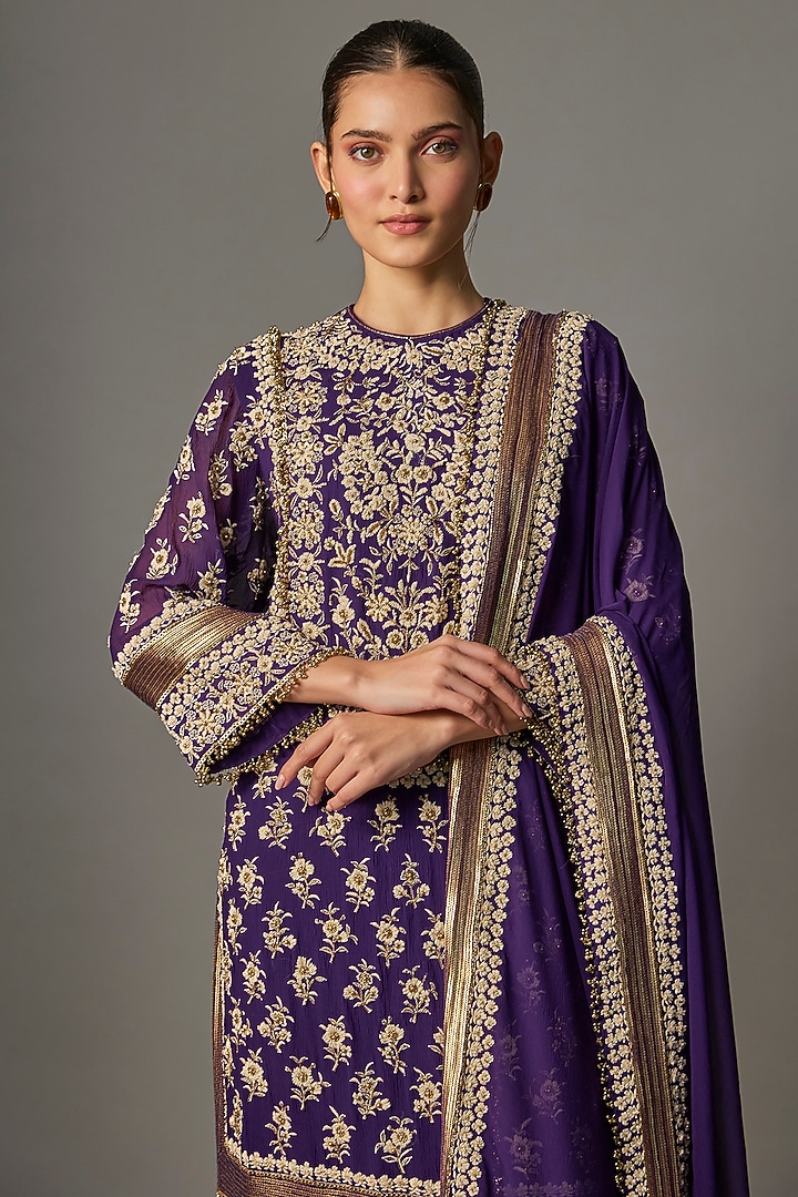 Purple Chiffon Thread Embroidered Kurta Set by Nakul Sen at Pernia's Pop Up Shop