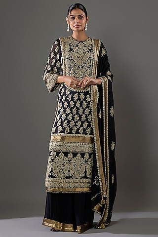 Black Chiffon Sequins Embroidered Kurta Set by Nakul Sen