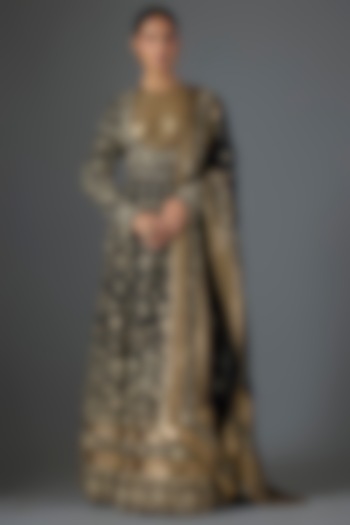 Black Chiffon Thread Embroidered Bridal Anarkali Set by Nakul Sen at Pernia's Pop Up Shop