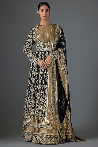 Black Chiffon Thread Embroidered Anarkali Set by Nakul Sen