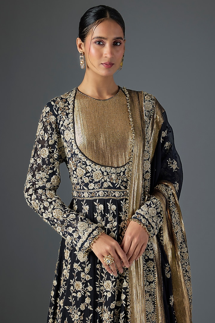Black Chiffon Thread Embroidered Bridal Anarkali Set by Nakul Sen at Pernia's Pop Up Shop