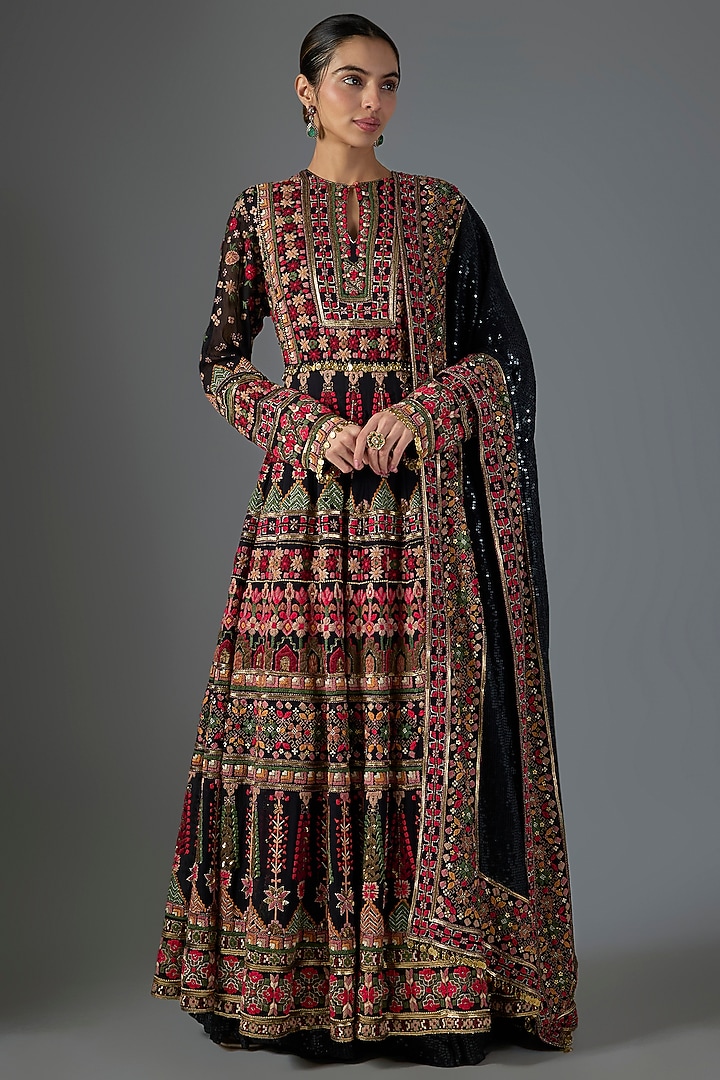 Black Chiffon Thread Embroidered Bridal Anarkali Set by Nakul Sen at Pernia's Pop Up Shop