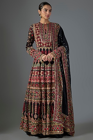 Black Chiffon Thread Embroidered Anarkali Set by Nakul Sen