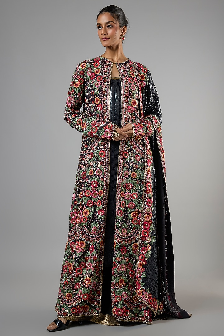 Black Chiffon Thread Embroidered Jacket Set by Nakul Sen at Pernia's Pop Up Shop