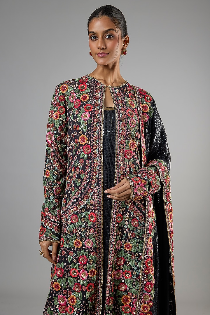 Black Chiffon Thread Embroidered Jacket Set by Nakul Sen at Pernia's Pop Up Shop