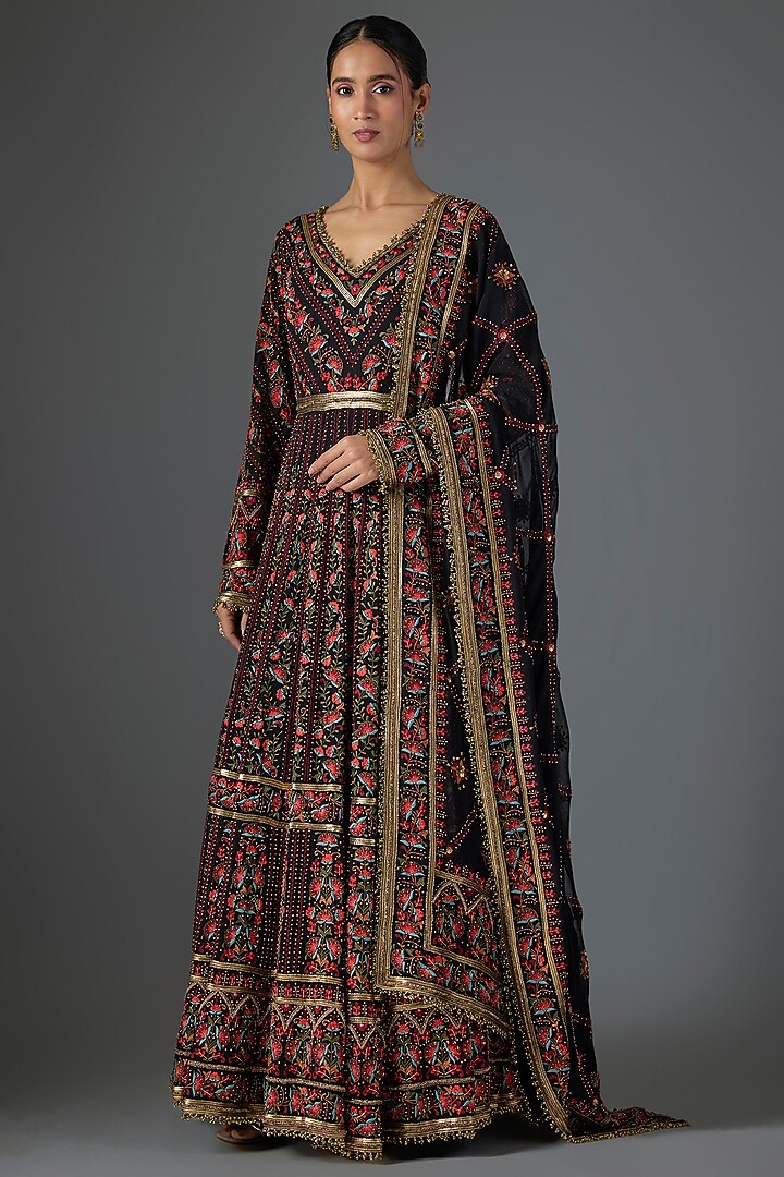 Black Chiffon Thread Embroidered Bridal Anarkali Set by Nakul Sen at Pernia's Pop Up Shop