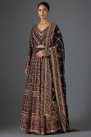 Black Chiffon Thread Embroidered Anarkali Set by Nakul Sen