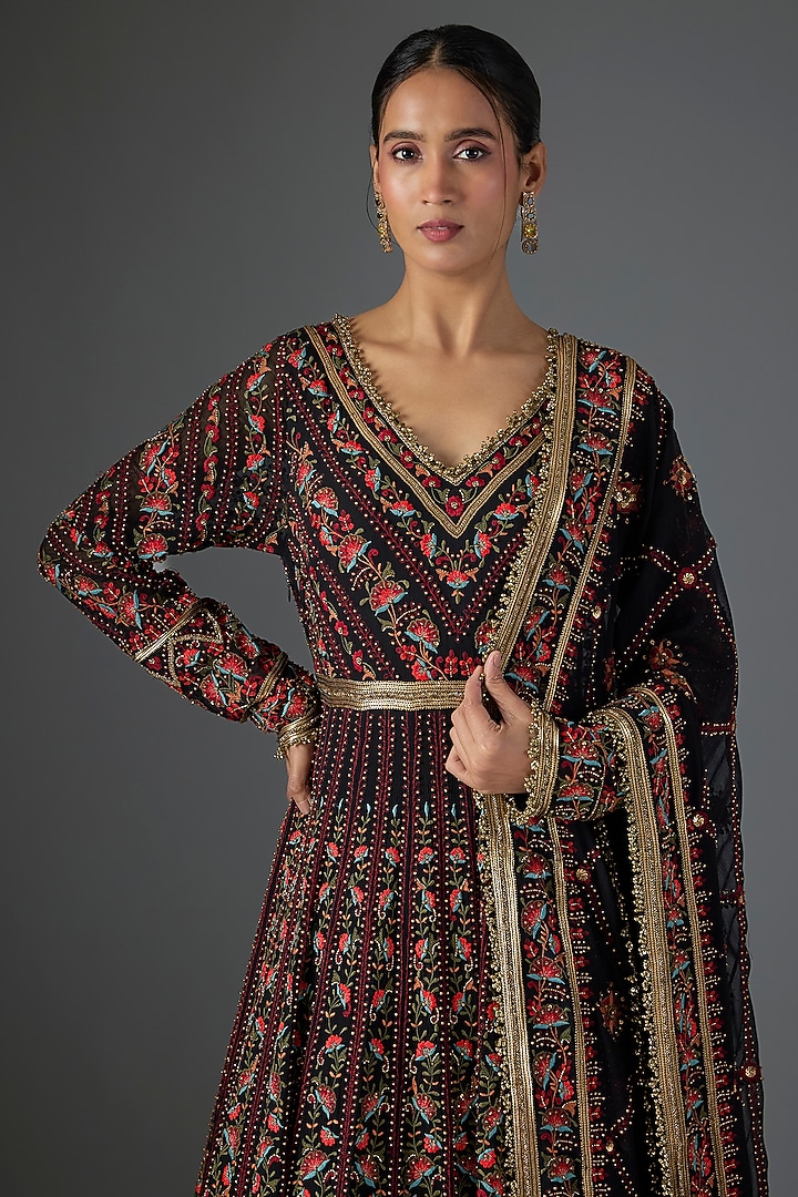 Black Chiffon Thread Embroidered Bridal Anarkali Set by Nakul Sen at Pernia's Pop Up Shop