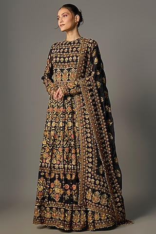 Black Chiffon Thread Embroidered Anarkali Set by Nakul Sen