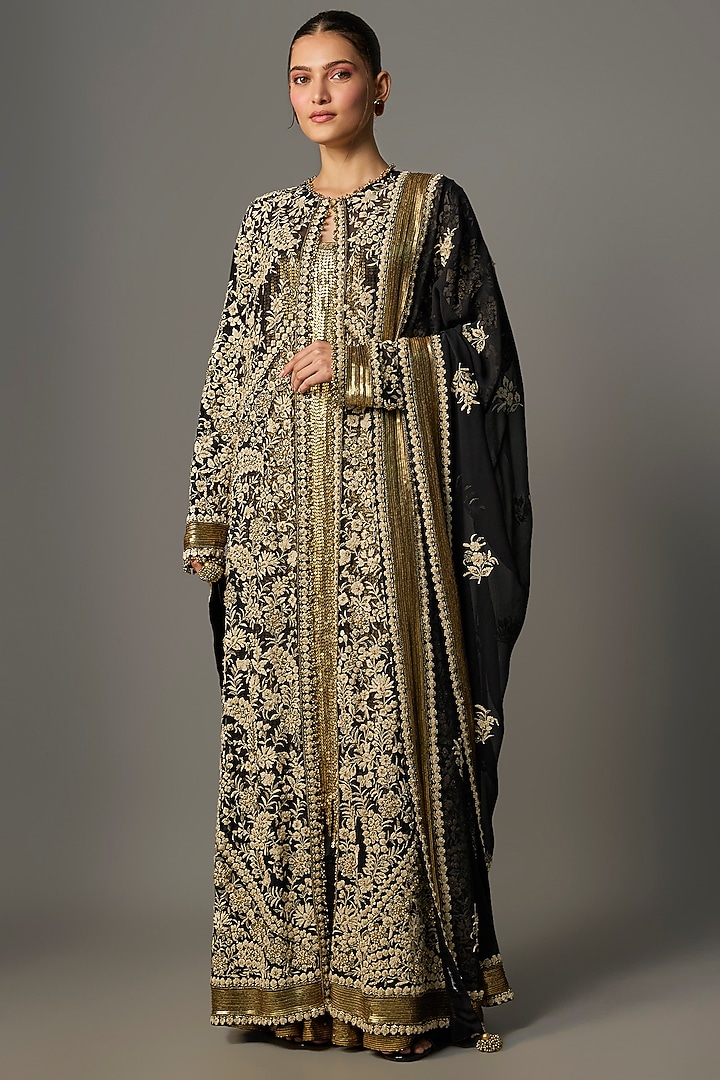 Black Chiffon Thread Embroidered Jacket Set by Nakul Sen at Pernia's Pop Up Shop