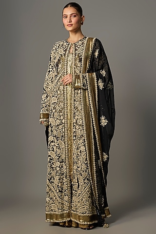 Black Chiffon Thread Embroidered Jacket Set by Nakul Sen