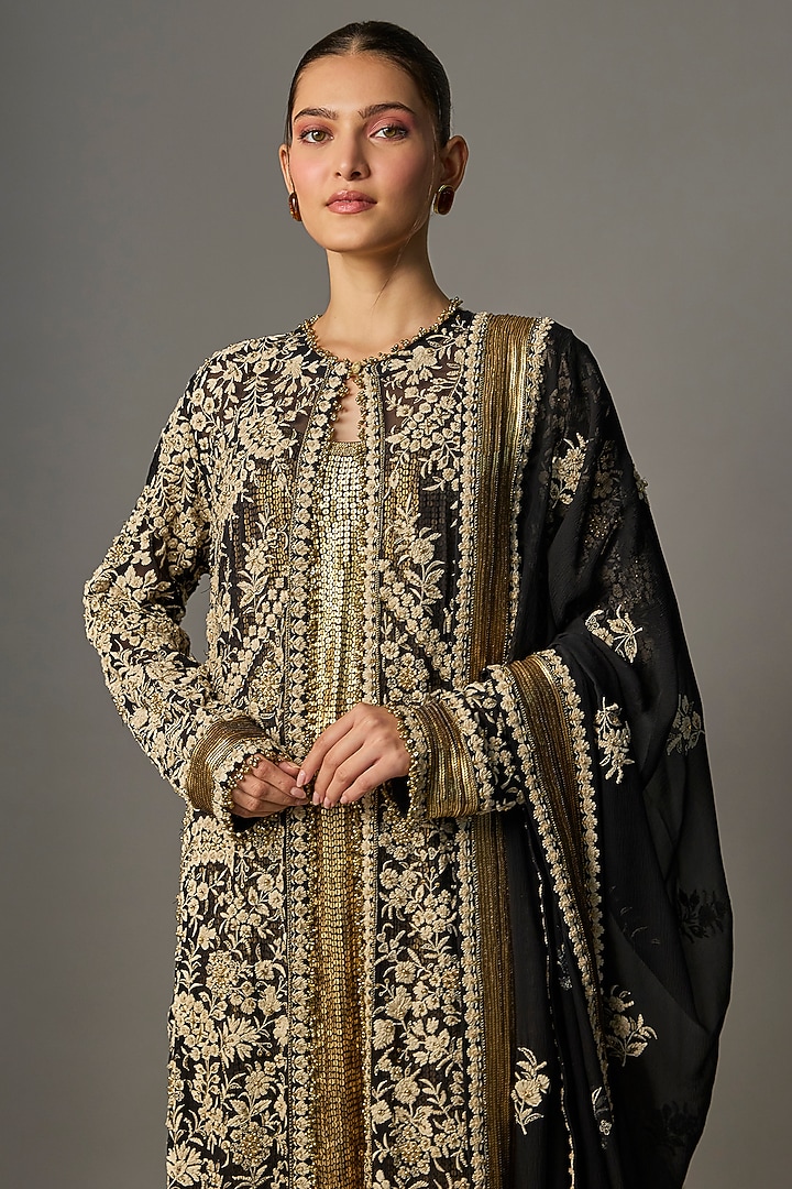 Black Chiffon Thread Embroidered Jacket Set by Nakul Sen at Pernia's Pop Up Shop