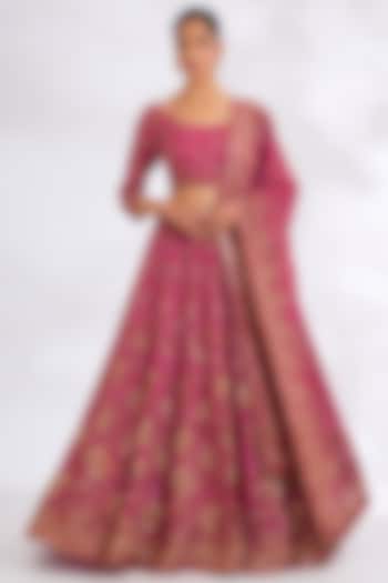 Rani Pink Chiffon Thread Embroidered Bridal Lehenga Set by Nakul Sen at Pernia's Pop Up Shop