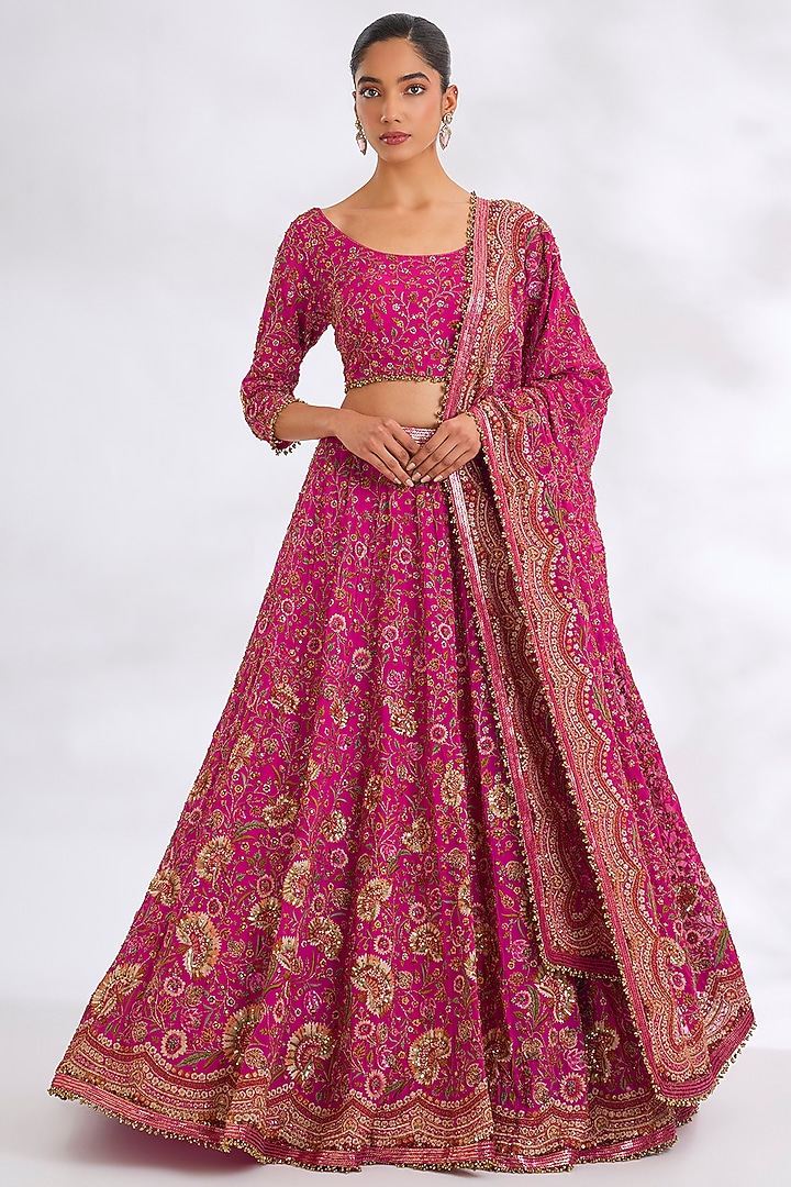 Rani Pink Chiffon Thread Embroidered Bridal Lehenga Set by Nakul Sen at Pernia's Pop Up Shop