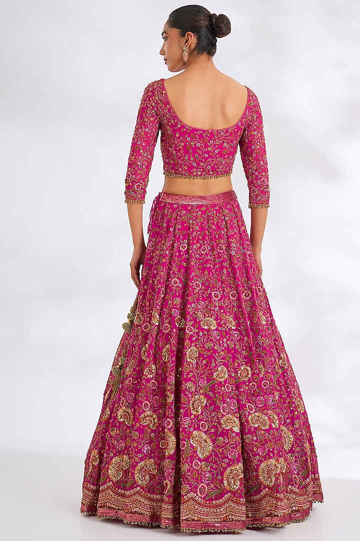 Rani Pink Chiffon Thread Embroidered Bridal Lehenga Set by Nakul Sen at Pernia's Pop Up Shop