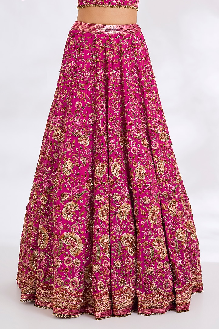 Rani Pink Chiffon Thread Embroidered Bridal Lehenga Set by Nakul Sen at Pernia's Pop Up Shop