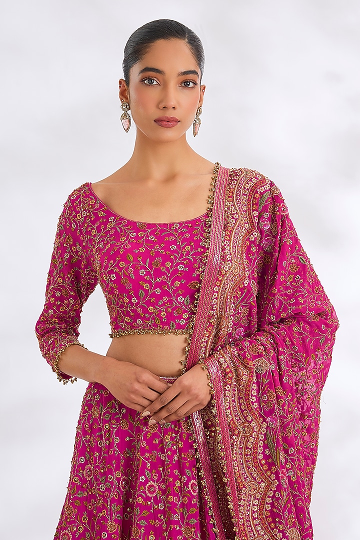 Rani Pink Chiffon Thread Embroidered Bridal Lehenga Set by Nakul Sen at Pernia's Pop Up Shop