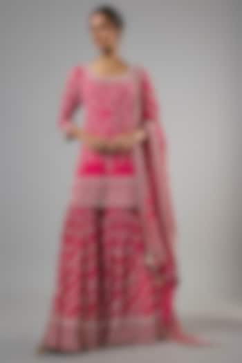 Rani Pink Chiffon Thread Embroidered Gharara Set by Nakul Sen at Pernia's Pop Up Shop