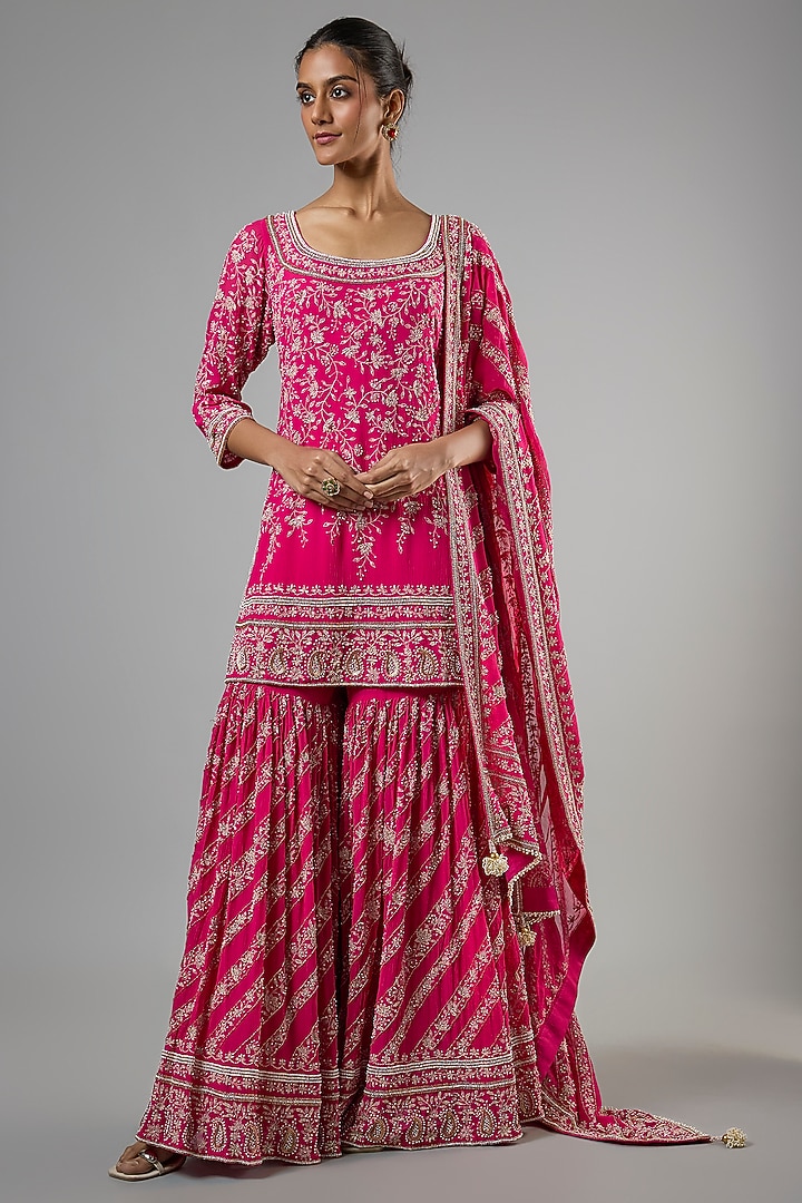 Rani Pink Chiffon Thread Embroidered Gharara Set by Nakul Sen at Pernia's Pop Up Shop