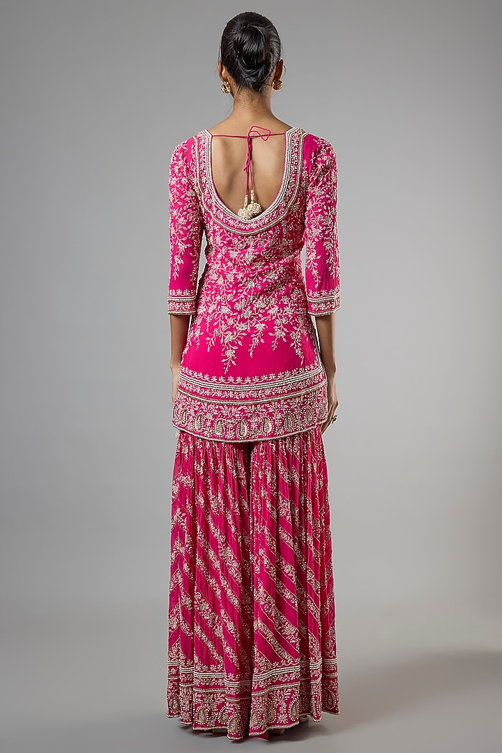 Rani Pink Chiffon Thread Embroidered Gharara Set by Nakul Sen at Pernia's Pop Up Shop