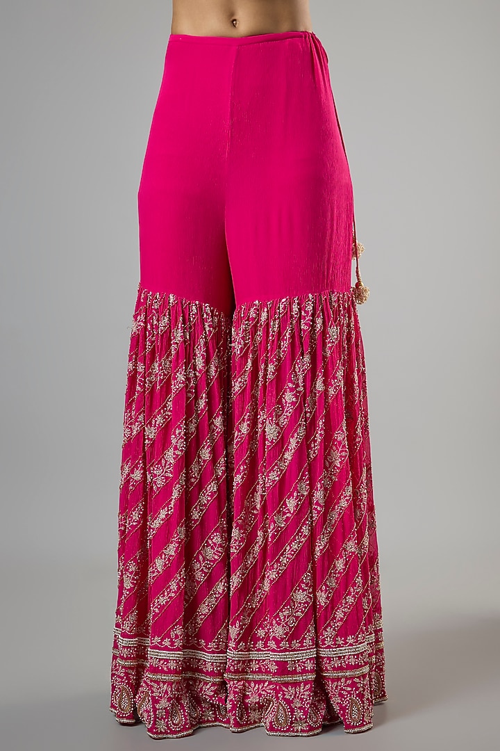 Rani Pink Chiffon Thread Embroidered Gharara Set by Nakul Sen at Pernia's Pop Up Shop