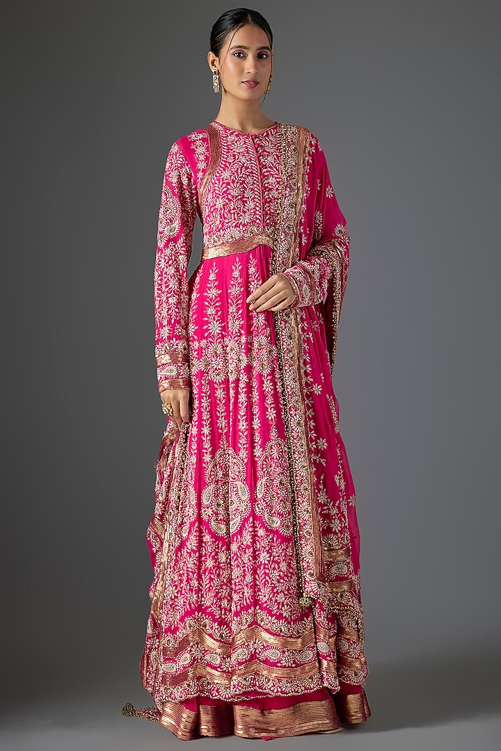 Rani Pink Chiffon Thread Embroidered Bridal Anarkali Set by Nakul Sen at Pernia's Pop Up Shop