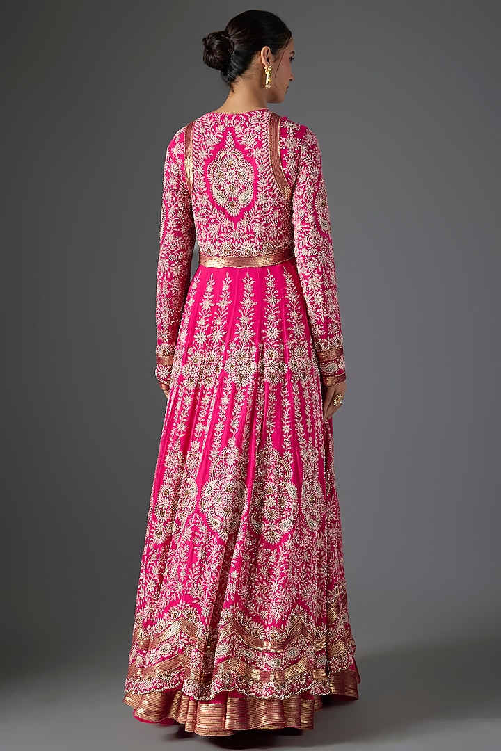 Rani Pink Chiffon Thread Embroidered Bridal Anarkali Set by Nakul Sen at Pernia's Pop Up Shop