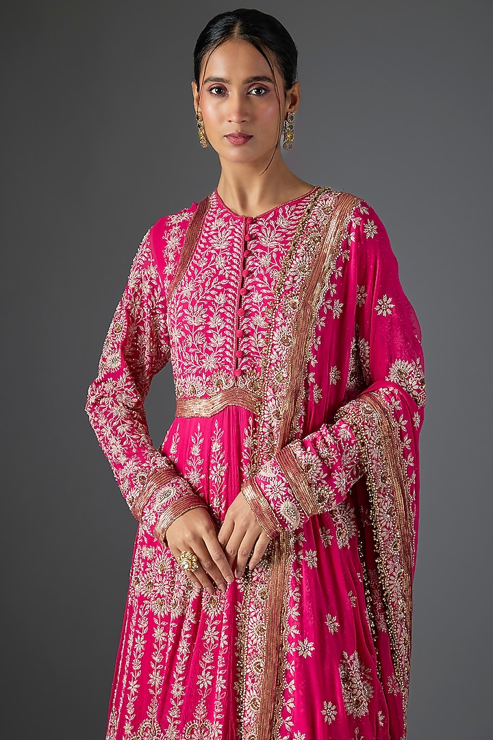 Rani Pink Chiffon Thread Embroidered Bridal Anarkali Set by Nakul Sen at Pernia's Pop Up Shop