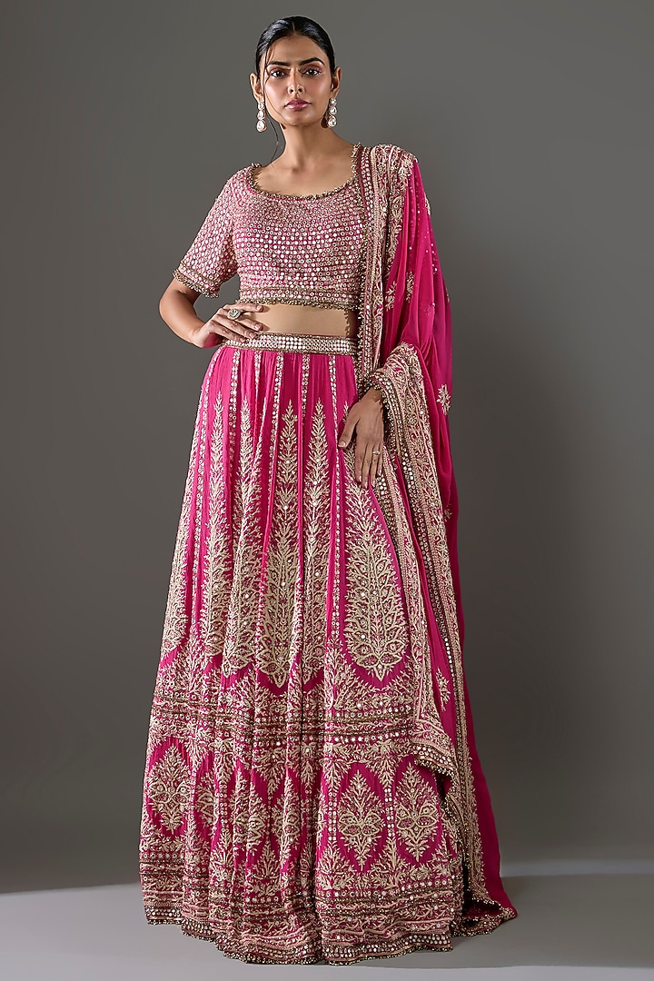 Rani Pink Chiffon Sequins Embroidered Bridal Lehenga Set by Nakul Sen at Pernia's Pop Up Shop