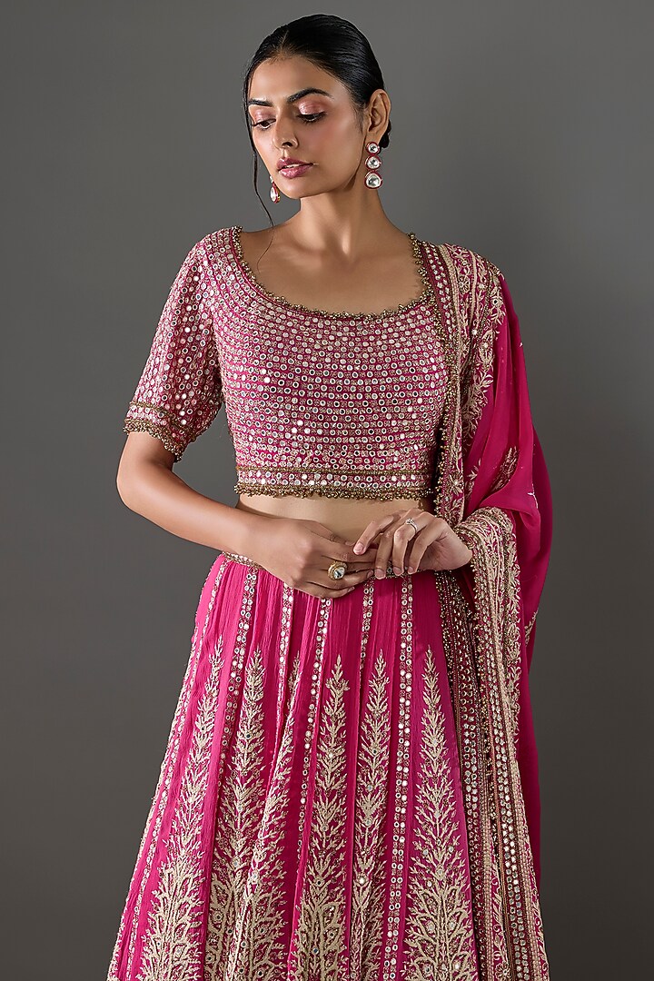 Rani Pink Chiffon Sequins Embroidered Bridal Lehenga Set by Nakul Sen at Pernia's Pop Up Shop