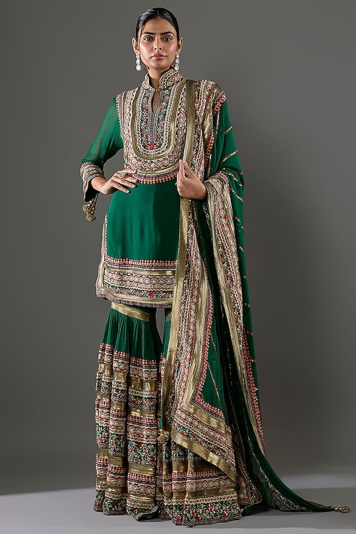 Emerald Green Chiffon Sequins Embroidered Gharara Set by Nakul Sen at Pernia's Pop Up Shop