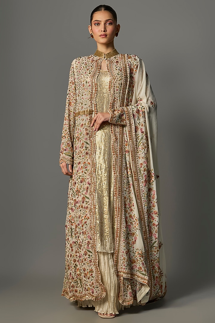 Ivory Chiffon Thread Embroidered Jacket Set by Nakul Sen at Pernia's Pop Up Shop