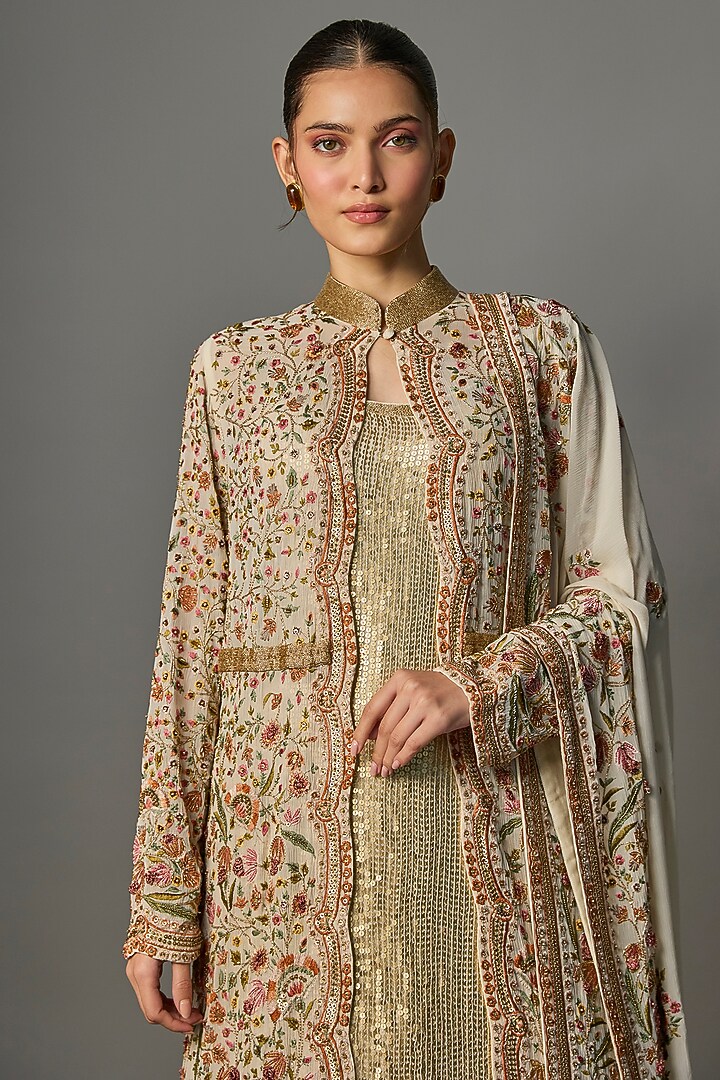 Ivory Chiffon Thread Embroidered Jacket Set by Nakul Sen at Pernia's Pop Up Shop