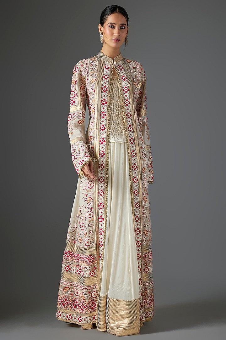 Ivory Chiffon Thread Embroidered Jacket Set by Nakul Sen at Pernia's Pop Up Shop
