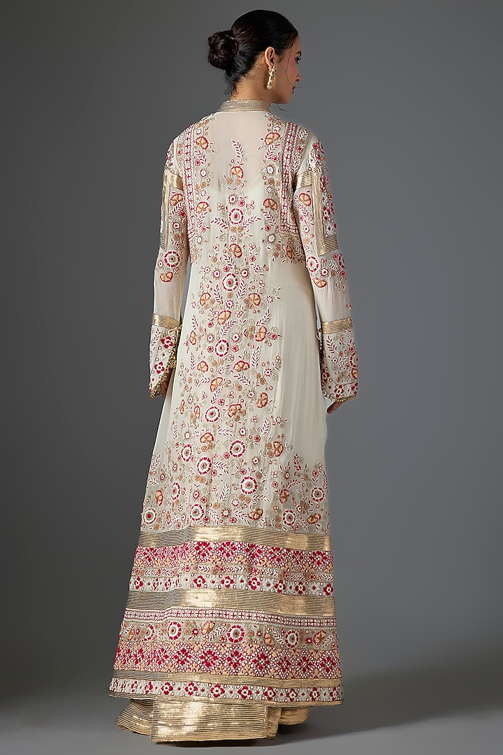 Ivory Chiffon Thread Embroidered Jacket Set by Nakul Sen at Pernia's Pop Up Shop