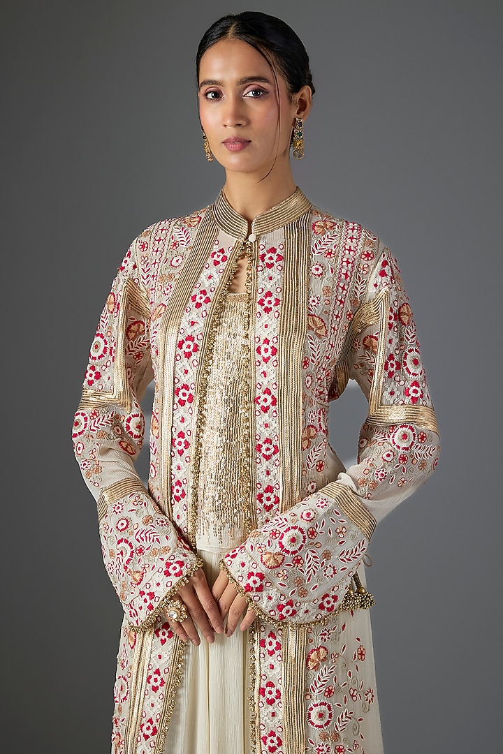 Ivory Chiffon Thread Embroidered Jacket Set by Nakul Sen at Pernia's Pop Up Shop