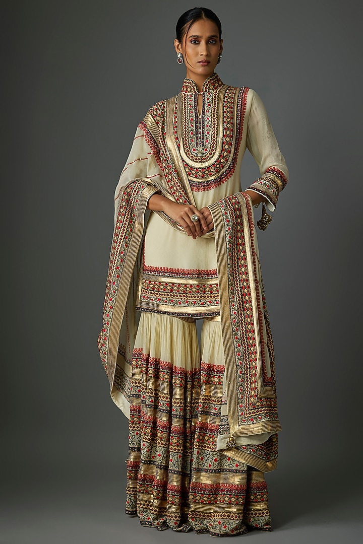 Ivory Chiffon Thread Embroidered Bridal Sharara Set by Nakul Sen at Pernia's Pop Up Shop
