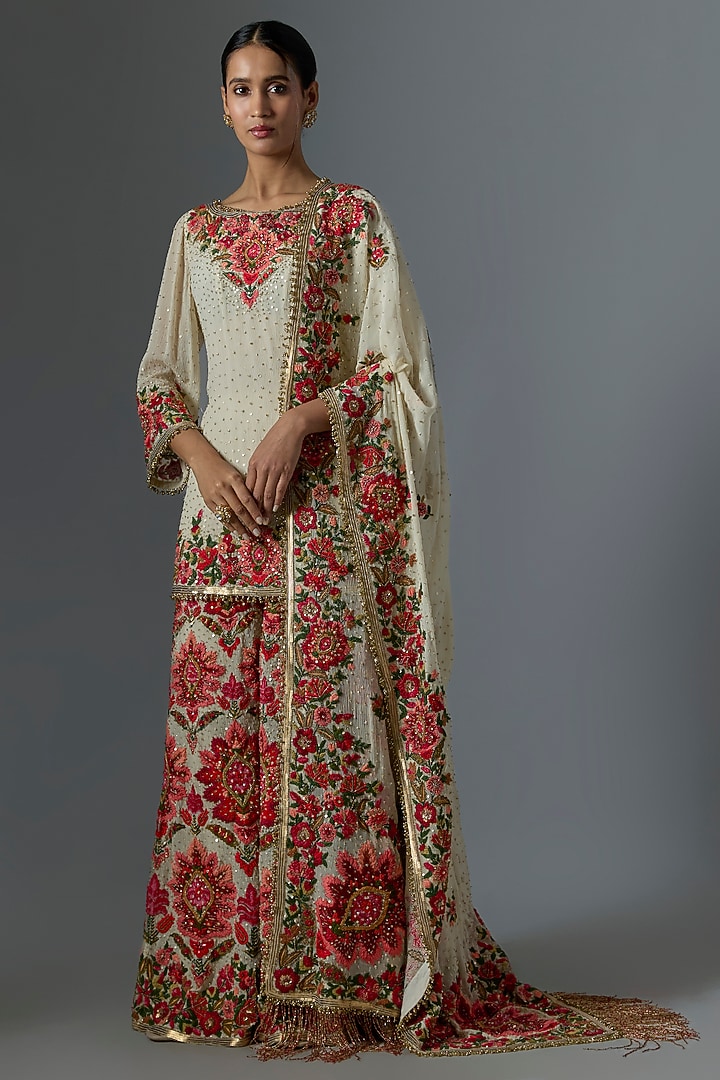 Ivory Chiffon Thread Work Gharara Set by Nakul Sen at Pernia's Pop Up Shop