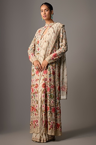 Ivory Chiffon Thread Embroidered Jacket Saree Set by Nakul Sen
