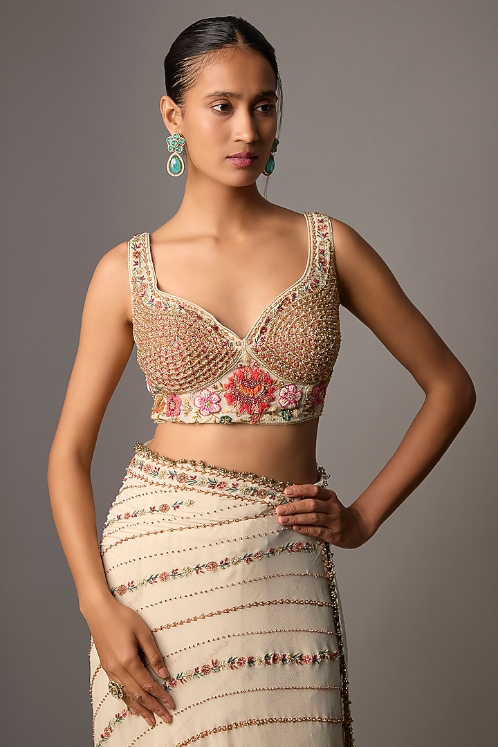 Ivory Chiffon Thread Embroidered Jacket Bridal Saree Set by Nakul Sen at Pernia's Pop Up Shop