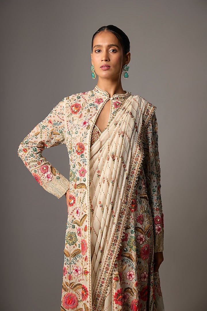 Ivory Chiffon Thread Embroidered Jacket Bridal Saree Set by Nakul Sen at Pernia's Pop Up Shop
