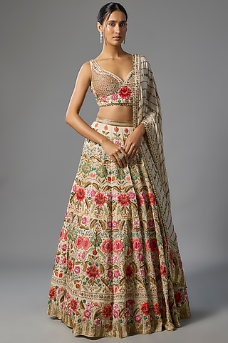 Ivory Silk Chiffon Lehenga Set by Nakul Sen
