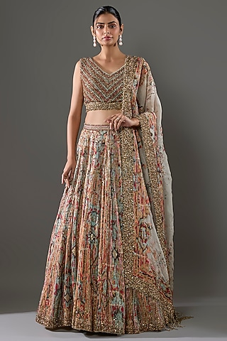 Ivory Chiffon Sequins Embroidered Lehenga Set by Nakul Sen