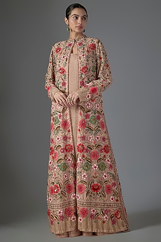 Blush Pink Chiffon Thread Embroidered Jacket Set by Nakul Sen