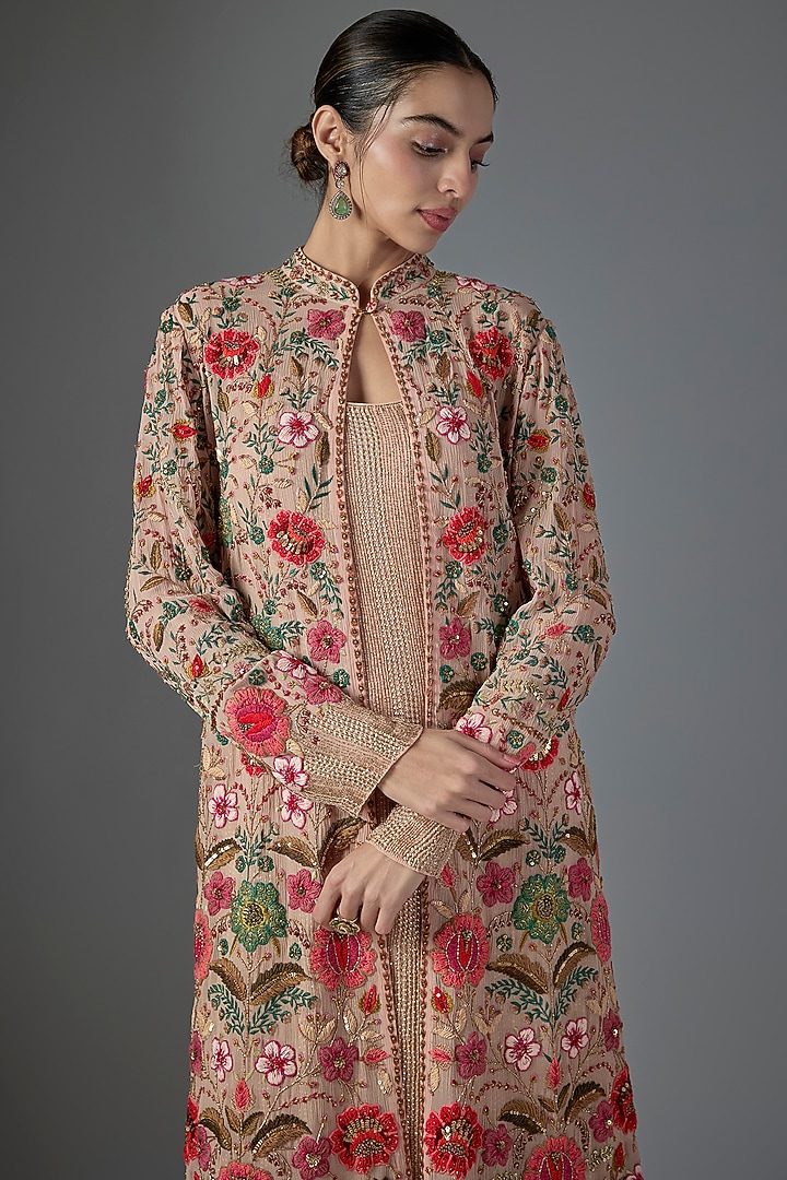 Blush Pink Chiffon Thread Embroidered Jacket Set by Nakul Sen at Pernia's Pop Up Shop